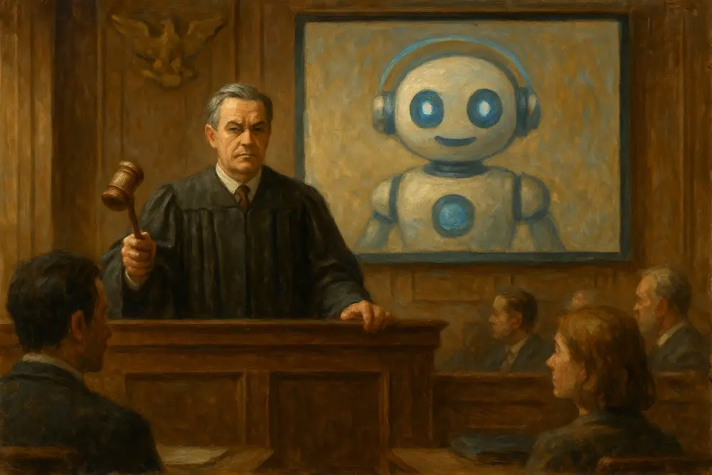 A judge in a black robe stands in a courtroom holding a gavel, with a large screen behind him showing a smiling AI robot