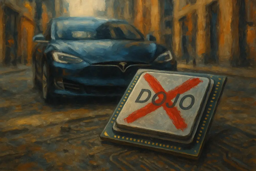 A Tesla car in a blurred city background with a detailed “Dojo” computer chip marked with a red X