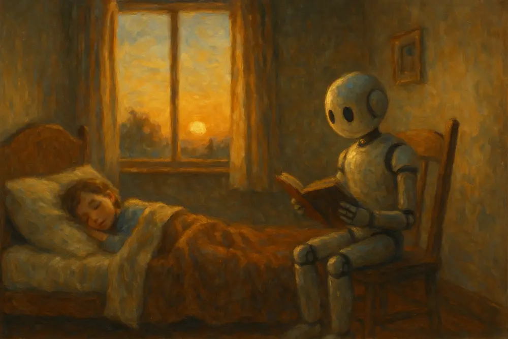 A child sleeping peacefully in bed while a humanoid robot sits on a chair nearby, reading a book by the warm glow of sunrise through the window