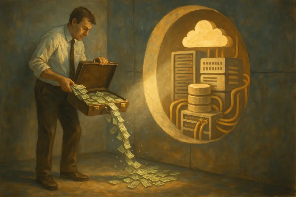 A man pours cash into a glowing wall opening filled with servers and a cloud icon