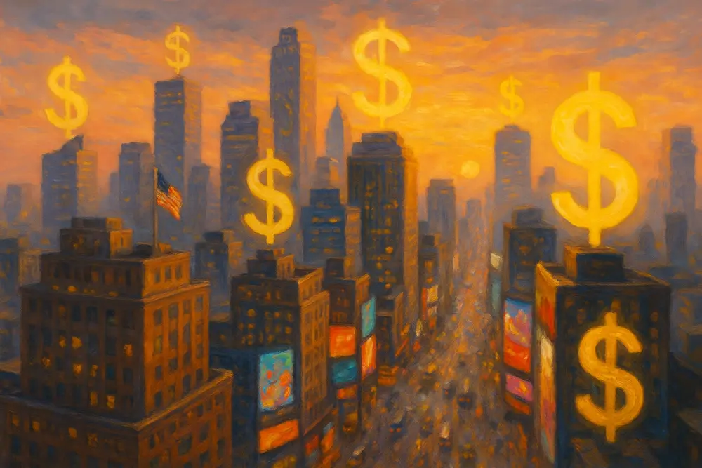 A city skyline at sunset with glowing dollar signs above buildings