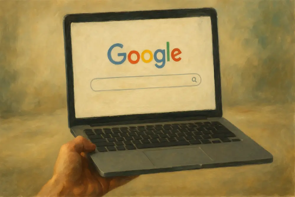 A hand holds an open laptop displaying the Google homepage
