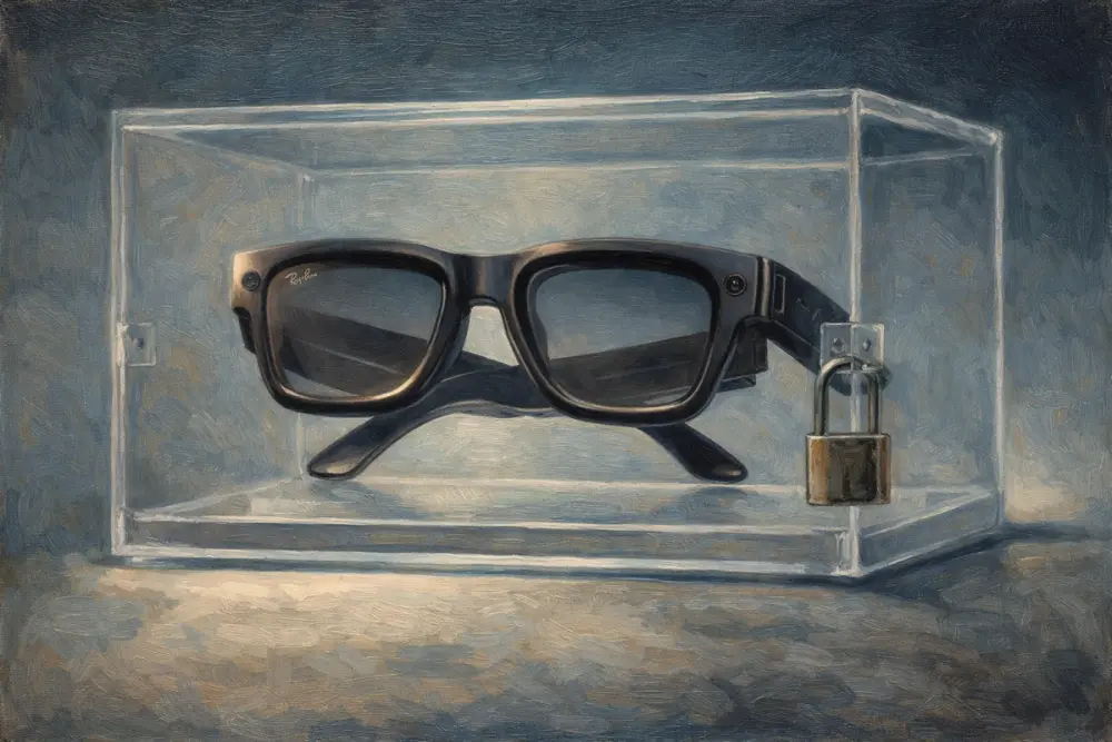 Smart glasses locked inside a clear display box