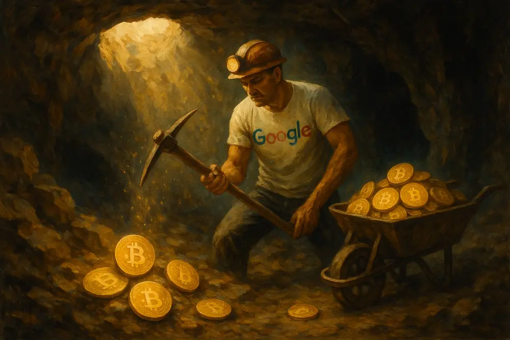 Miner in a Google t-shirt digs in a cave, with sunlight highlighting a wheelbarrow full of Bitcoins