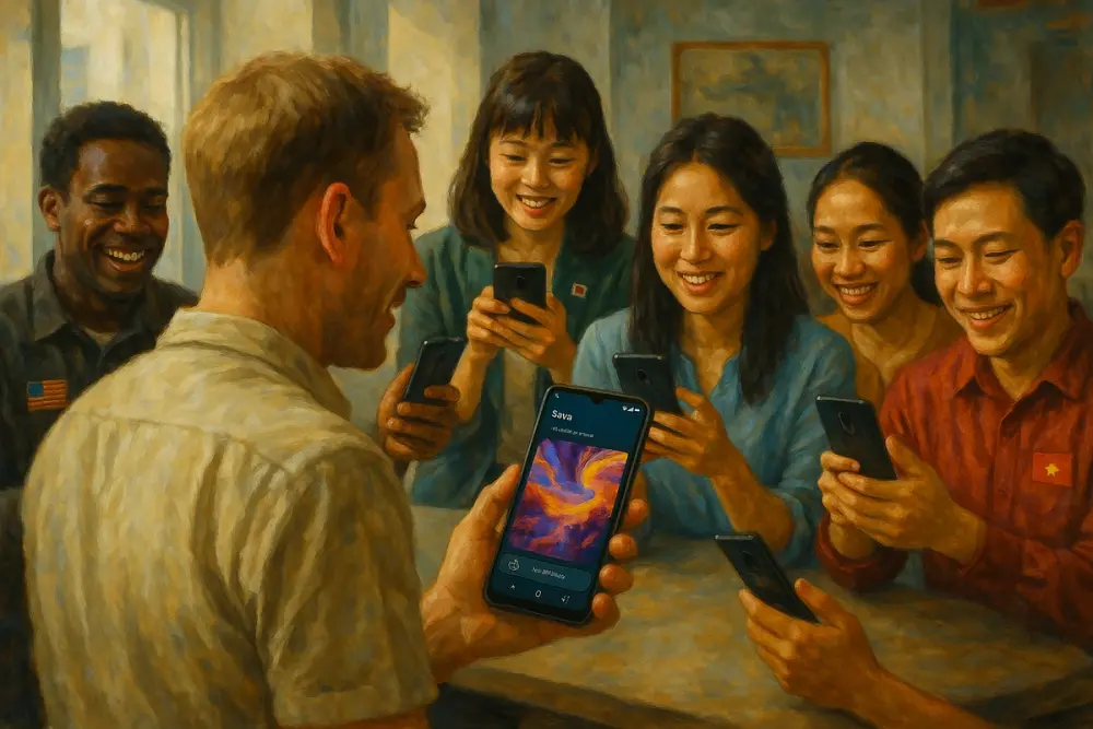 A diverse group using Android phones, one showing a colorful Sora video preview