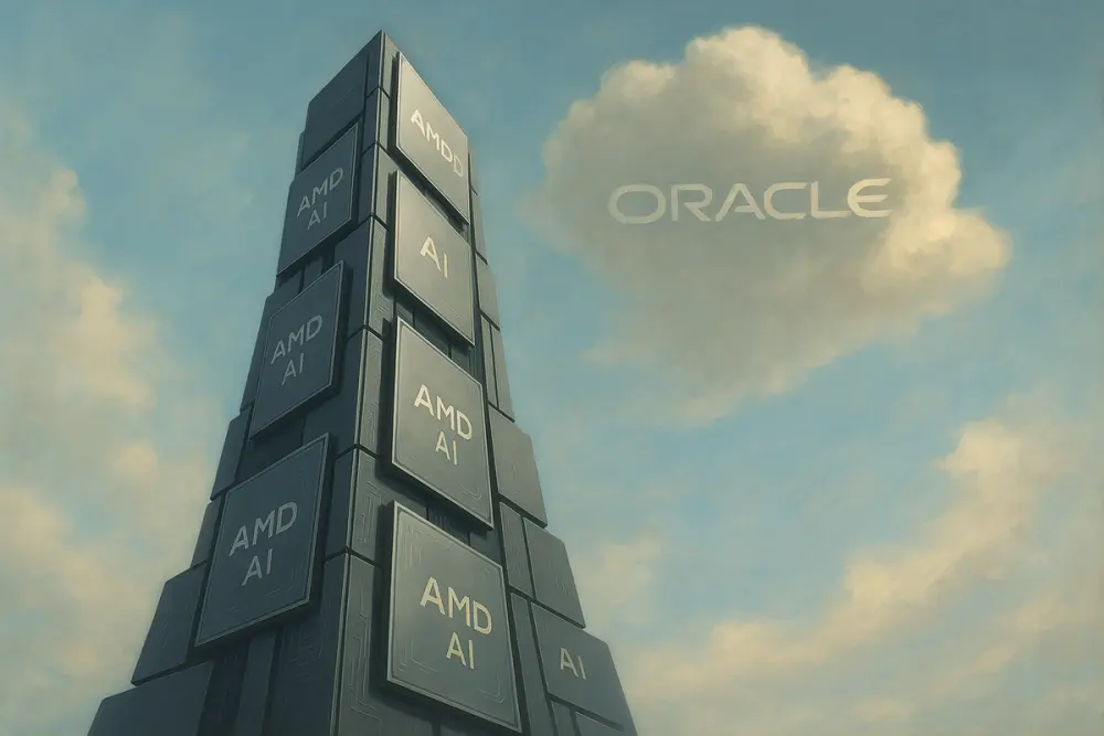 A towering skyscraper made of AMD AI chips rises into a bright sky, with a cloud subtly forming the Oracle logo above it