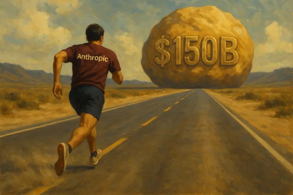A man wearing an "Anthropic" shirt sprints down an open road toward a giant golden boulder engraved with "$150B"