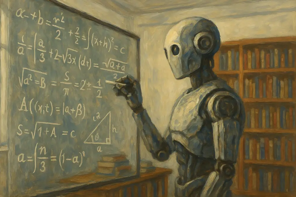 An AI robot writes complex math equations on a glass board in a white room