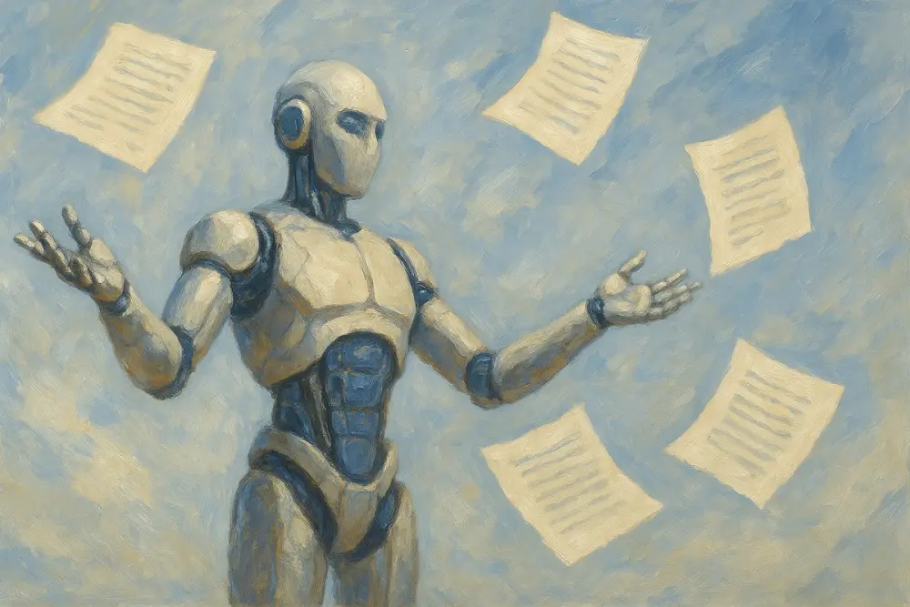 A humanoid AI stands with arms raised as five digital document pages float around it