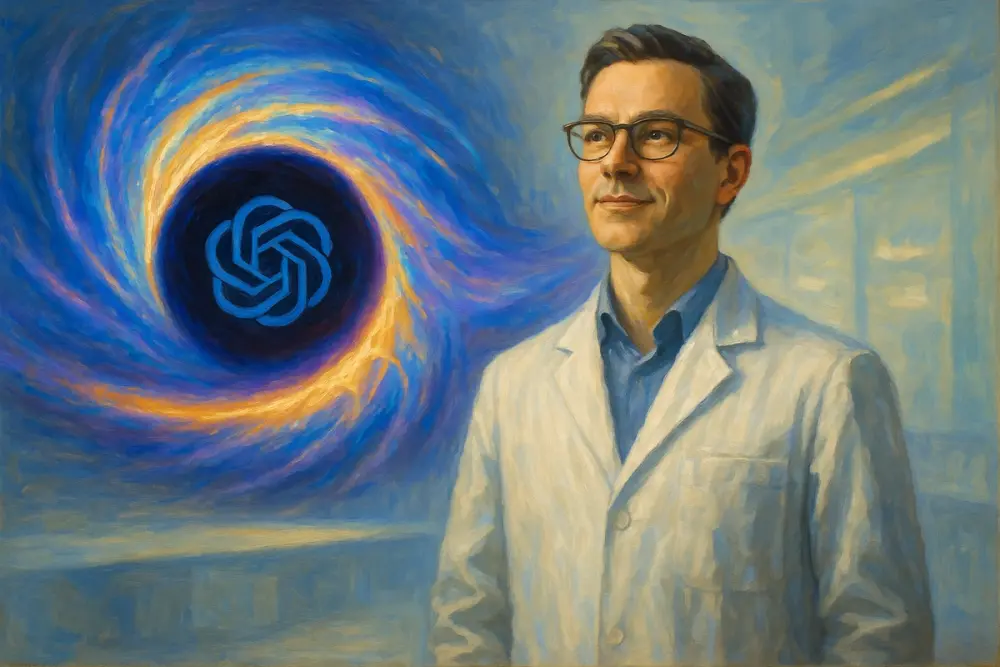 A confident physicist in a lab coat stands before a glowing, multicolored black hole swirling with the OpenAI logo