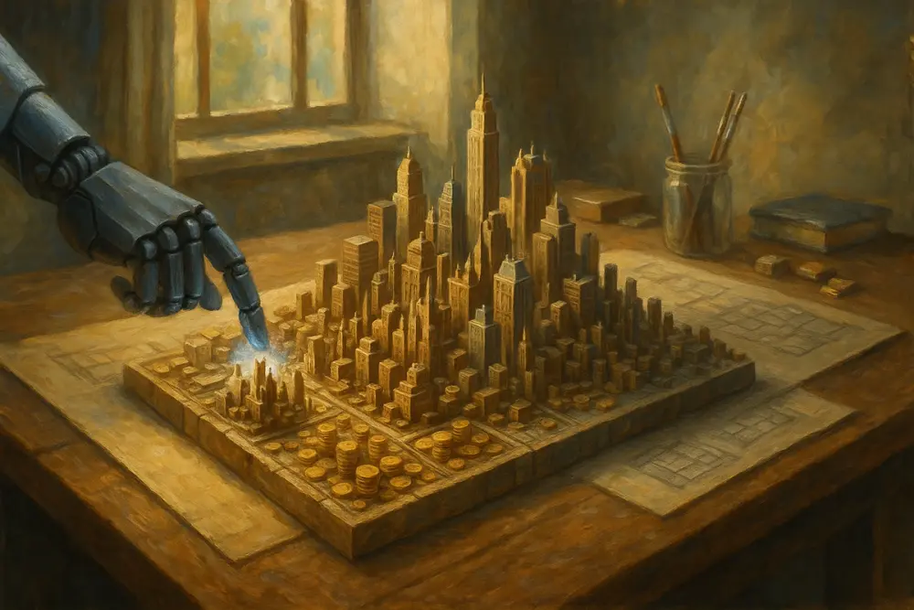 A robotic hand touching a flat artwork, causing it to rise into a detailed 3D cityscape on a wooden table