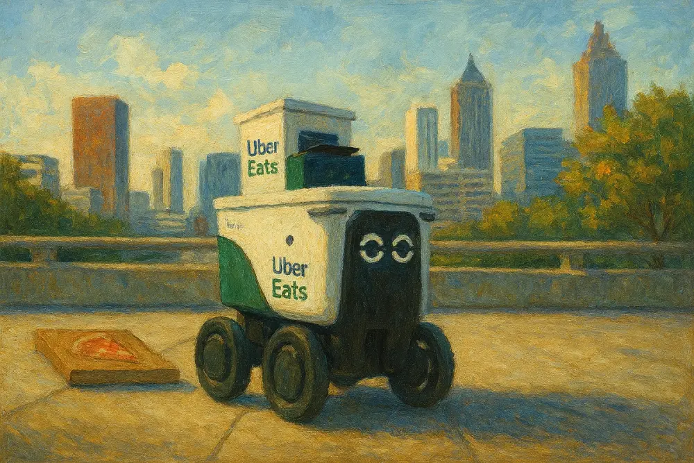 An Uber Eats delivery robot on a city sidewalk with the Atlanta skyline in the background