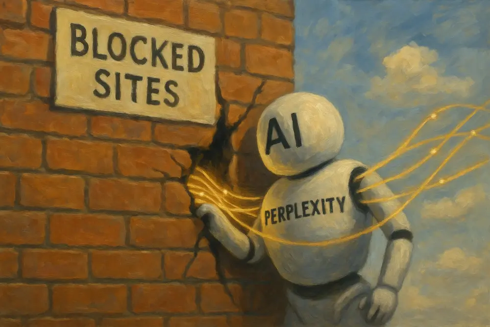 An AI labeled “Perplexity” reaches through a crack in a brick wall marked “Blocked Sites,” pulling glowing data strands from the other side