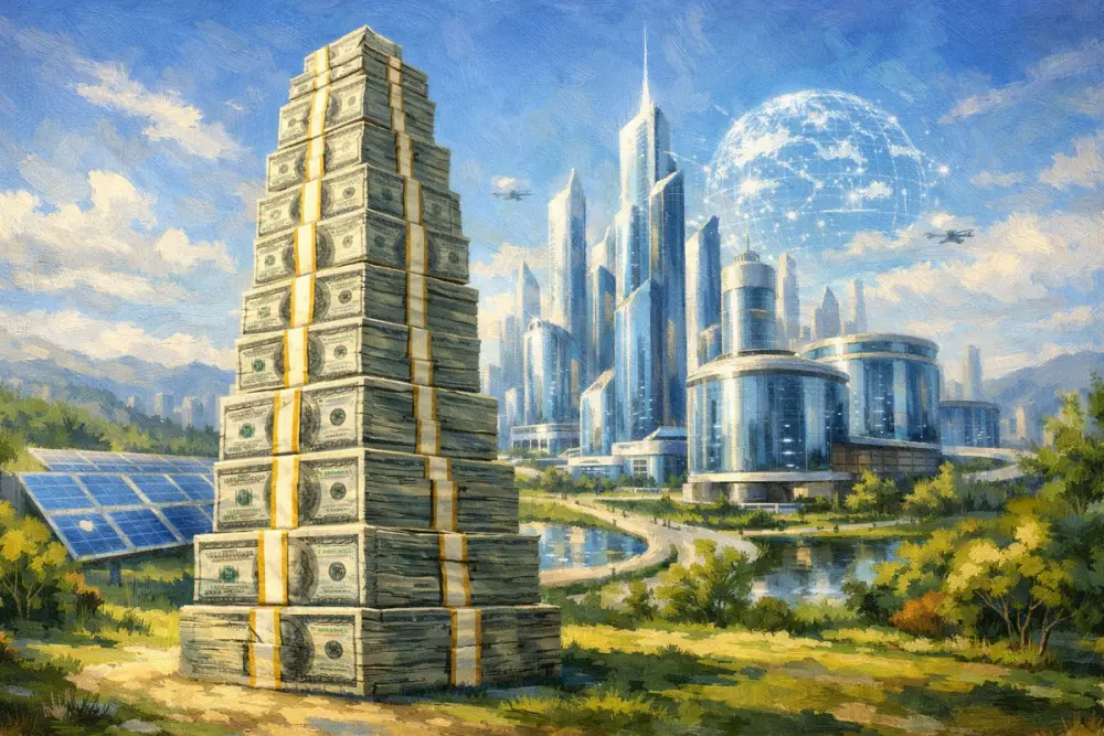 Skyscraper-shaped cash stack before a bright futuristic AI city