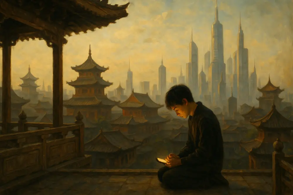 Young man kneels with a glowing phone, overlooking pagodas and futuristic skyscrapers