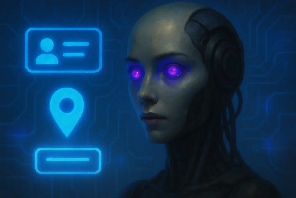 Cyborg woman with glowing eyes and neon blue tech icons in the background