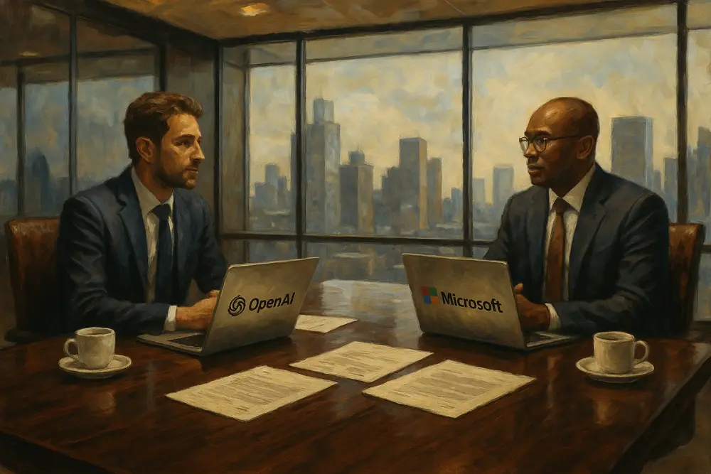 OpenAI and Microsoft reps meet at a table in a modern office with city views
