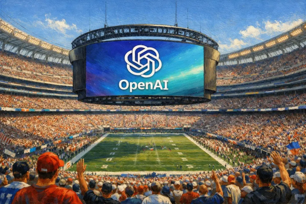 Packed daytime football stadium with a giant screen showing the OpenAI logo.