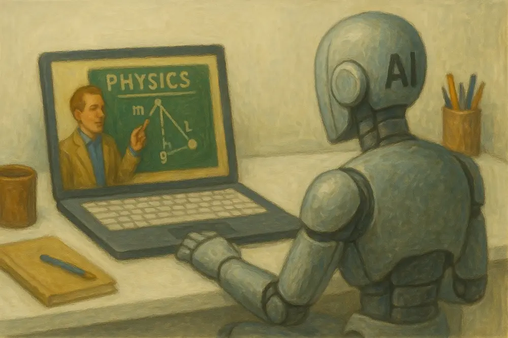 An AI robot sits at a white desk watching a physics training video on a laptop, with a notebook and mug nearby