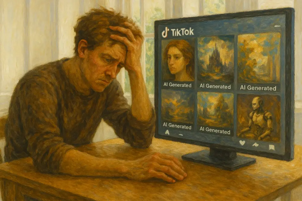A frustrated digital artist sits at a desk in a bright room, staring at a large screen filled with AI-generated TikTok content