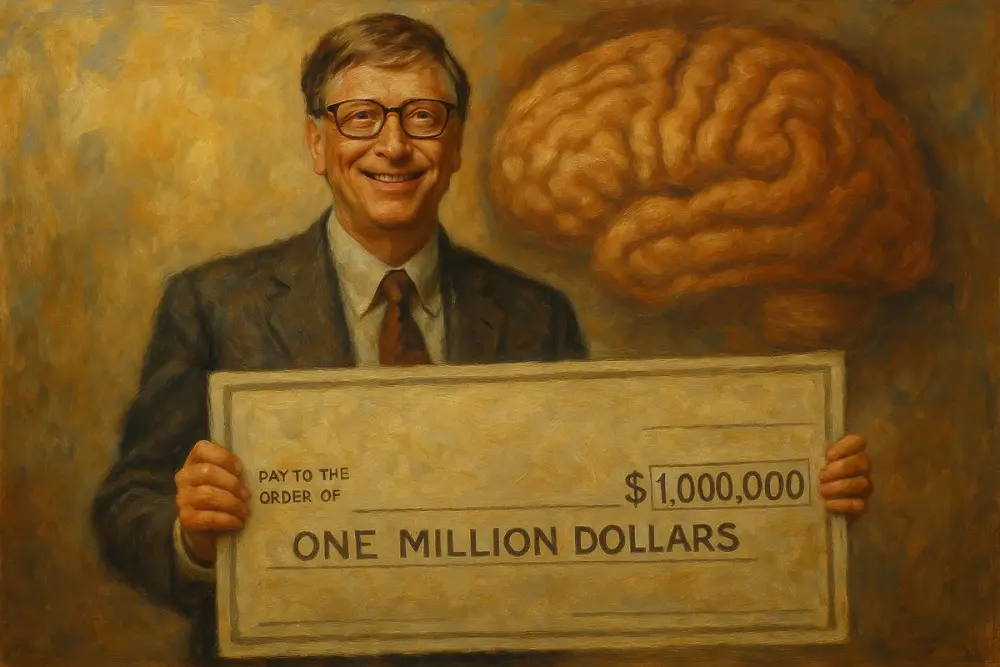 Bill Gates smiling in a suit and glasses, holding a large $1,000,000 ceremonial check, with a blurred human brain in the abstract background