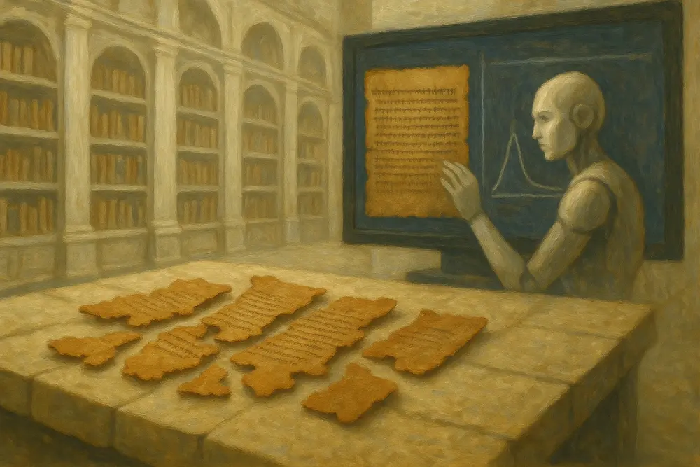 An AI examines ancient scroll fragments on a stone table in a white library, comparing text with data on a digital screen