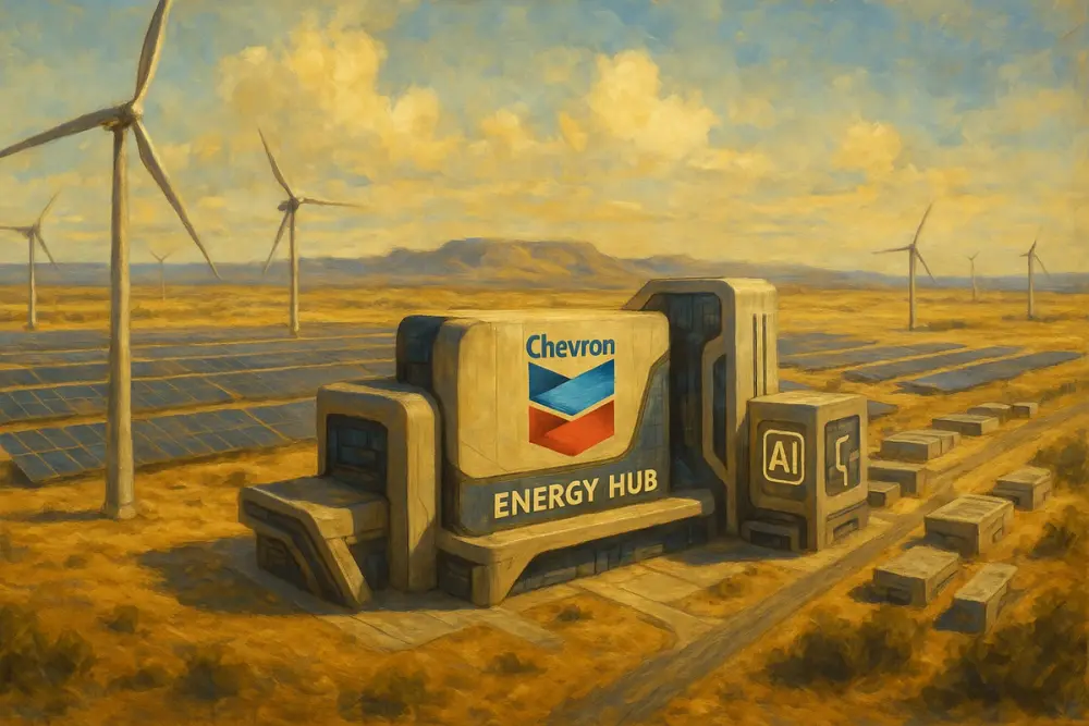 Futuristic Chevron energy hub in the West Texas desert surrounded by solar panels and wind turbines in daylight
