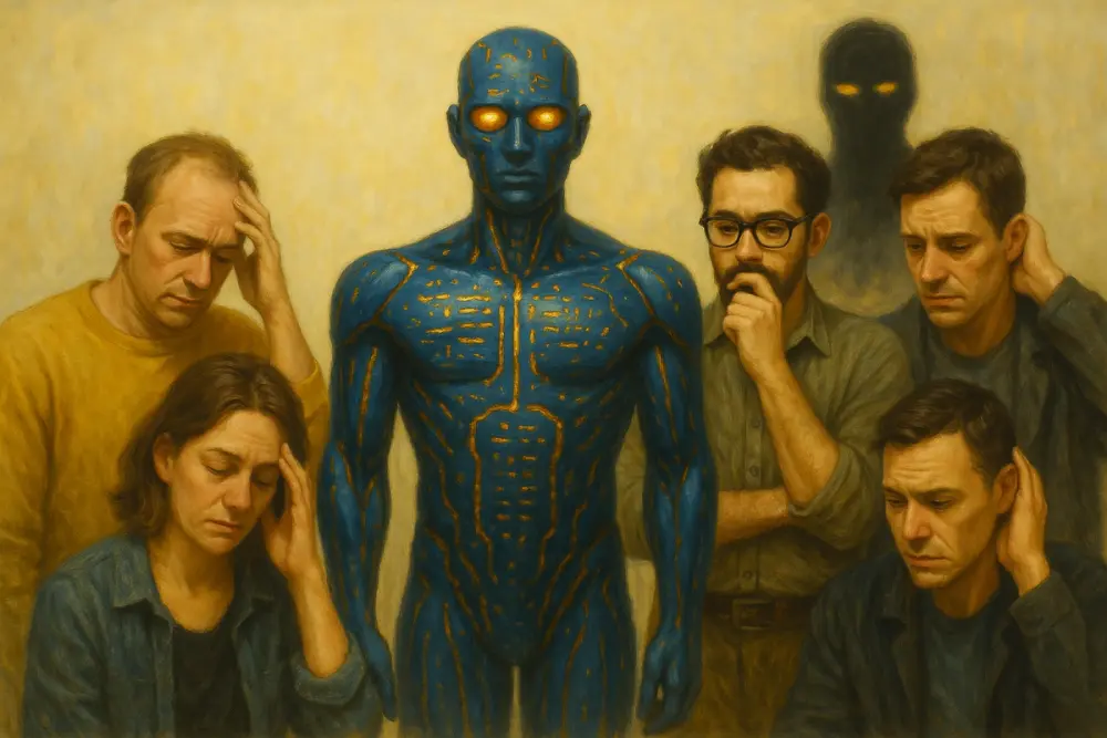 An AI with glowing code stands among anxious engineers as a shadowy figure watches