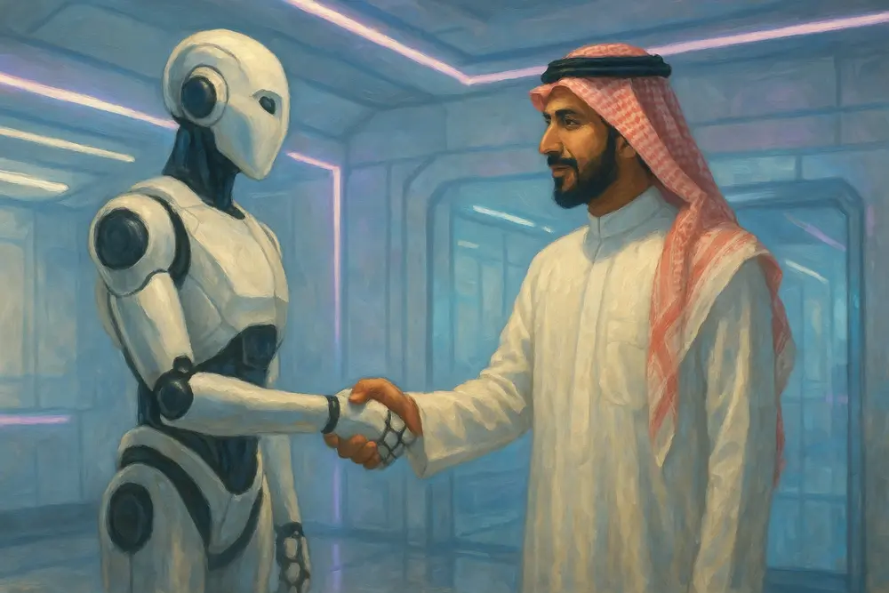 A white humanoid robot shakes hands with a Saudi man in traditional attire inside a futuristic room