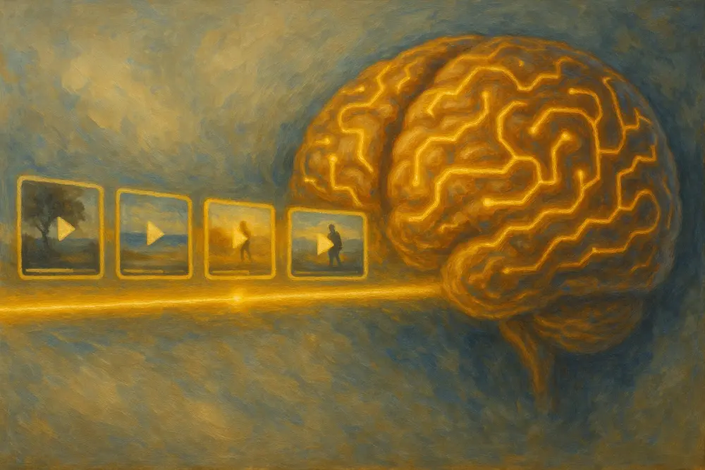 A glowing AI brain with circuit patterns hovers beside a bright timeline of video thumbnails