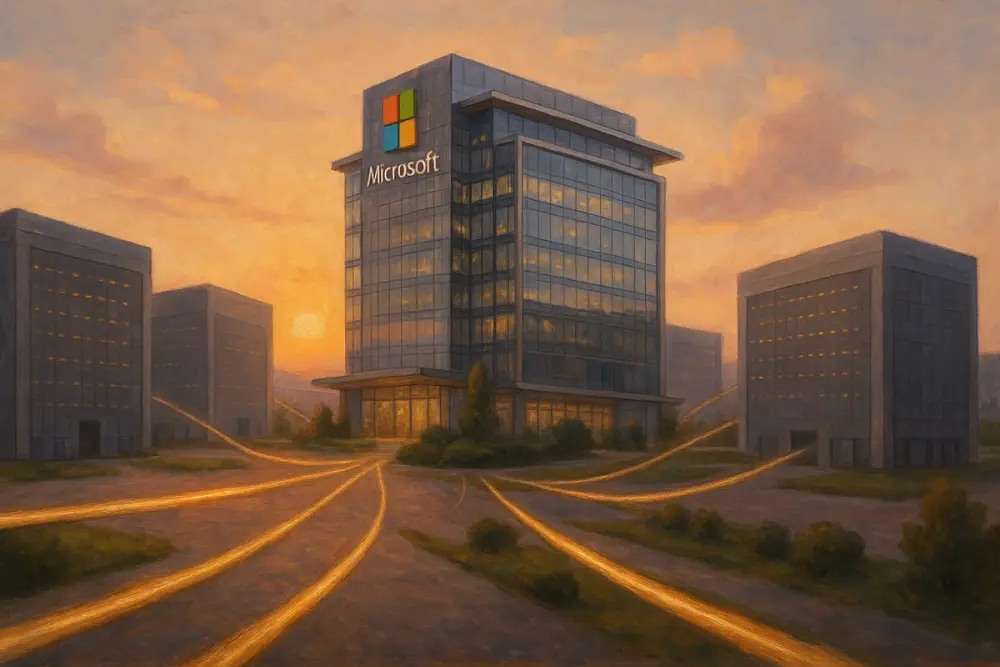 Microsoft headquarters with surrounding data centers linked by glowing fiber-optic lines