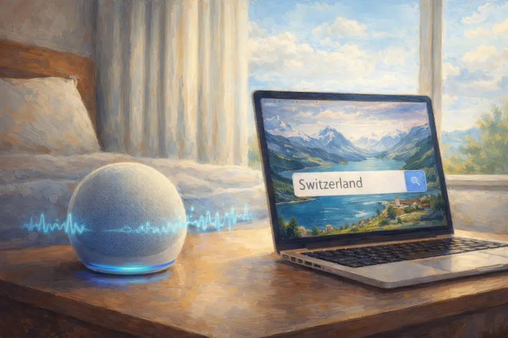 A smart speaker beside a laptop searching for a Switzerland trip