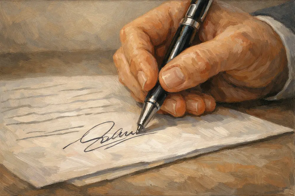 Hand signing a document with a pen on a simple desk.