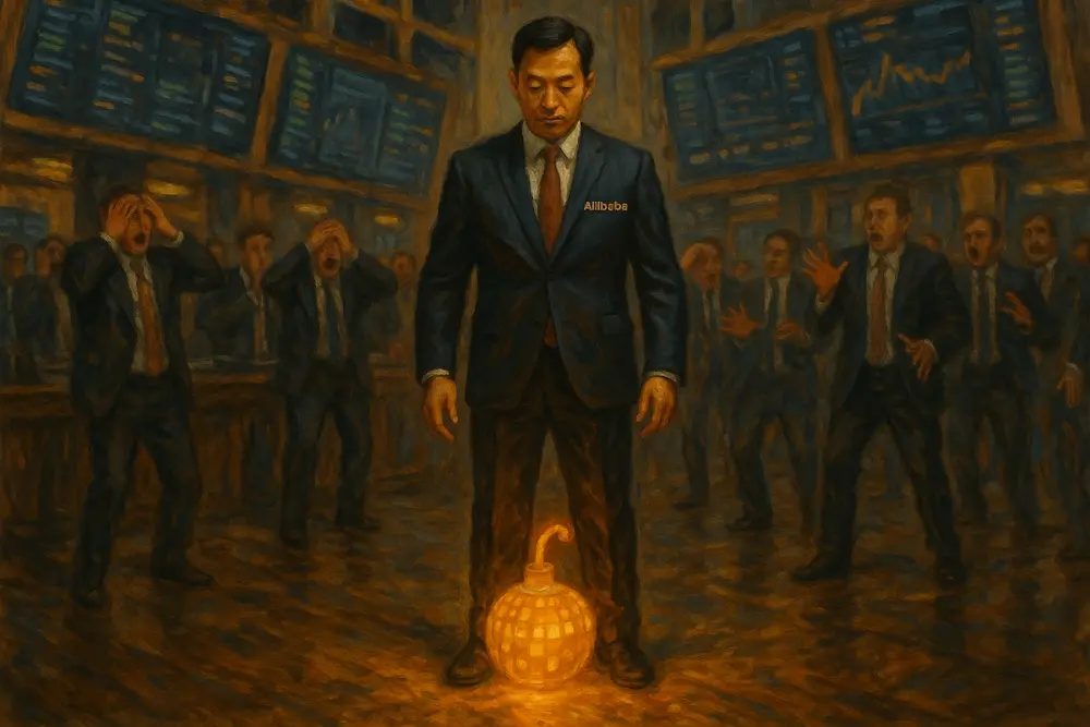 libaba businessperson stands over a glowing digital bomb in a stock exchange as shocked traders react around him
