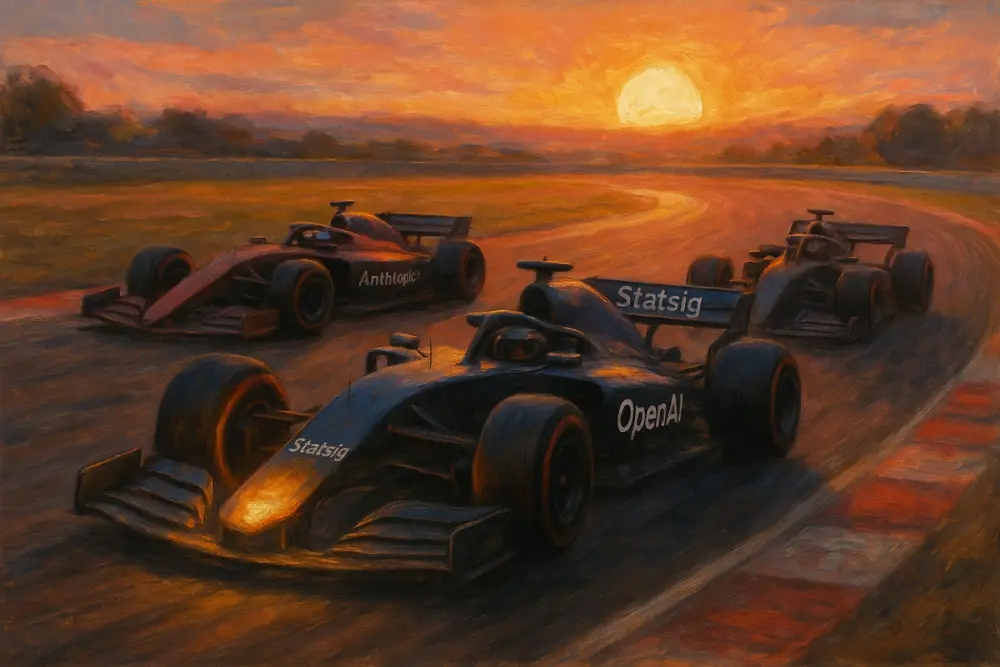 Three race cars at sunset, with OpenAI leading