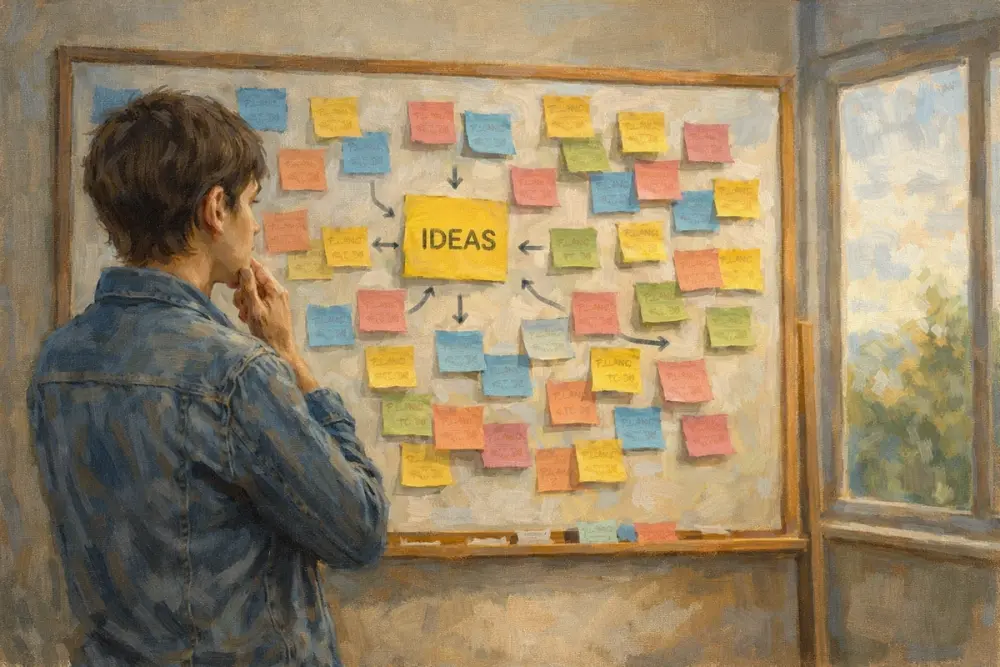 A person in a denim jacket stands in front of a whiteboard covered in colorful sticky notes