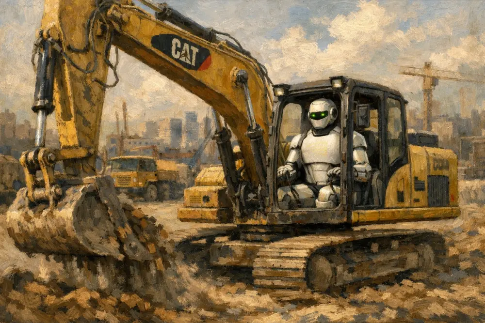 Robot operating excavator on construction site