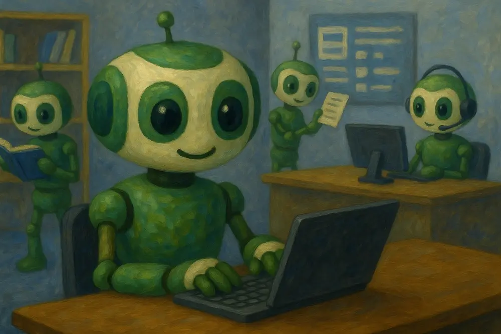 our green robots work in an office, each doing different tasks