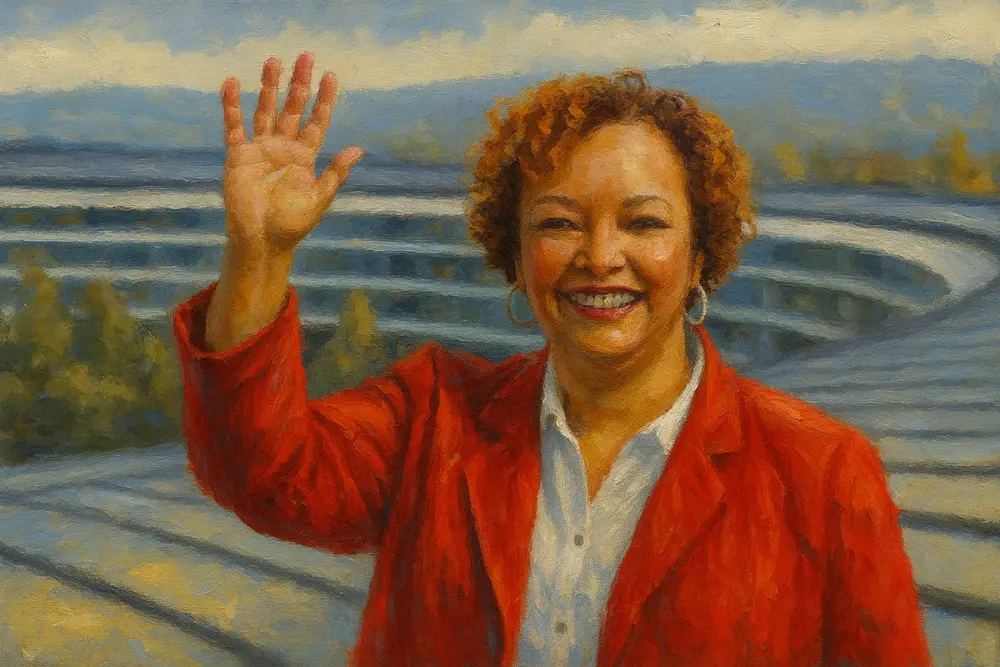 Lisa Jackson in a red jacket waving goodbye