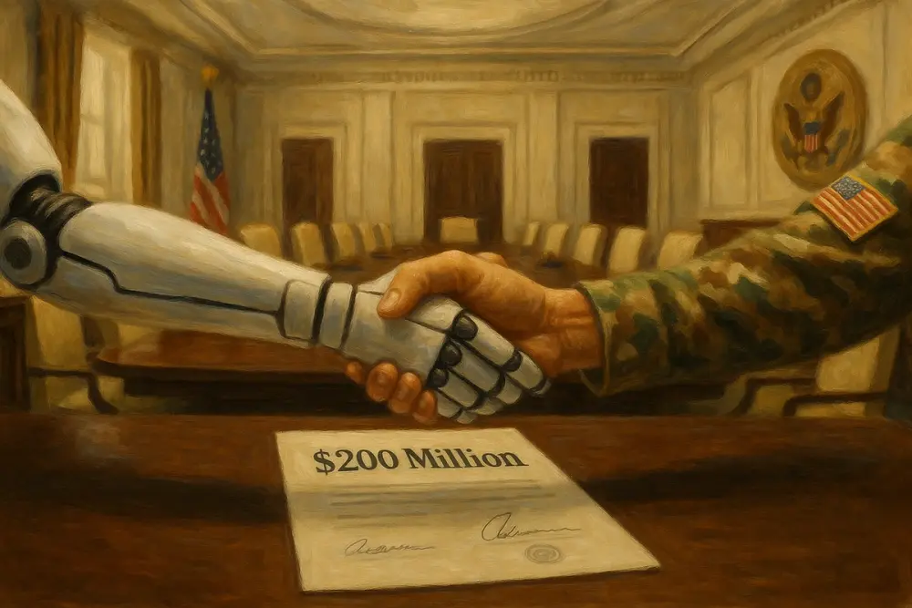 A robot hand shaking hands with a U.S. military officer in a government conference room, with a signed $200 million contract on the table