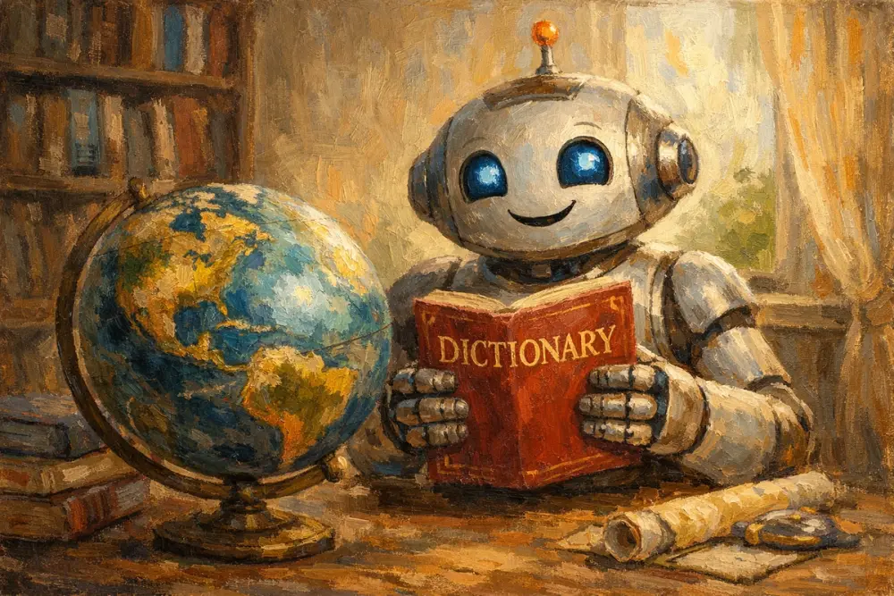 Friendly robot holding a dictionary beside a globe