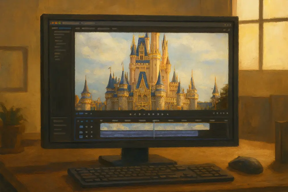 A video editing interface on a computer screen showing a castle clip in a modern office