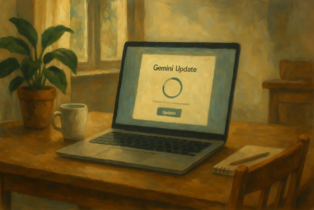 A cozy workspace with a laptop on a wooden table, displaying a "Gemini Update" screen
