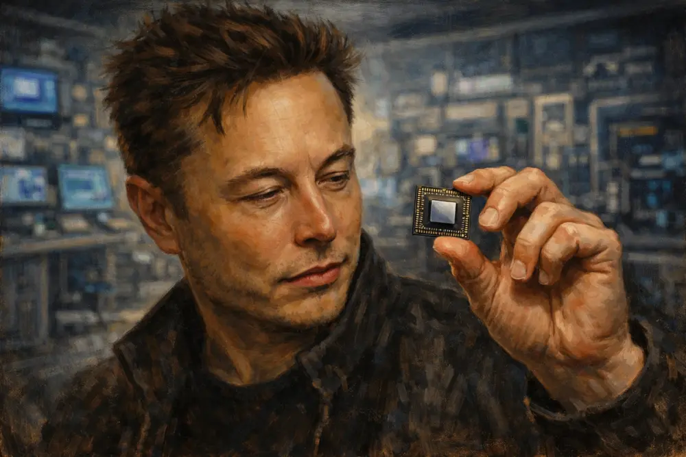Elon Musk examining a computer chip