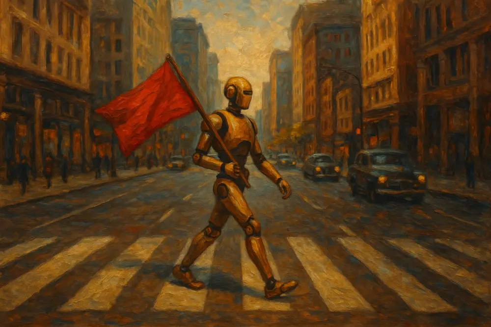 A humanoid AI holding a red flag crosses a downtown street on a crosswalk, surrounded by tall buildings and vintage cars