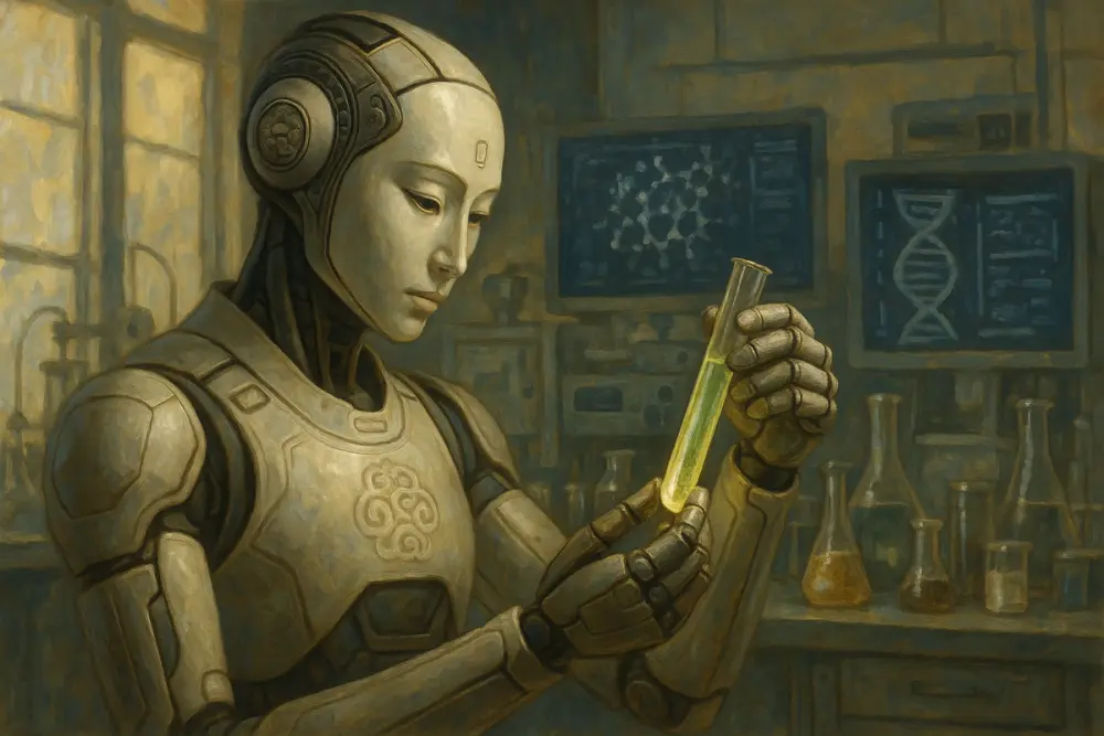 Korean-inspired humanoid AI in a biotechnology lab, carefully examining a glowing liquid in a test tube