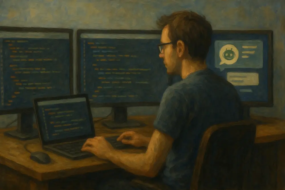 A programmer sits at a desk with multiple monitors displaying code