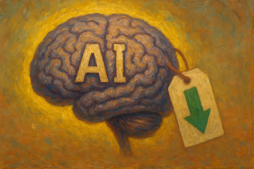 AI brain with a glowing yellow light behind it and a price tag attached, featuring a bold green downward arrow to symbolize a price drop
