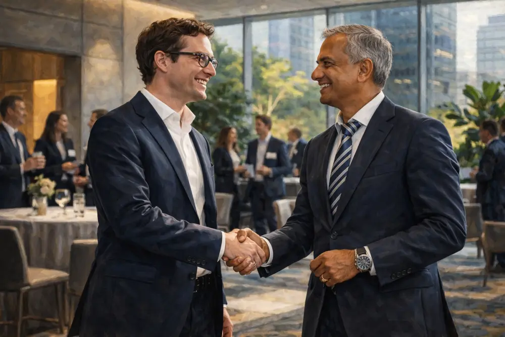 Dario Amodei and Salil Parekh, smile and shake hands at a modern corporate conference