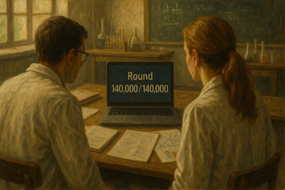 Two researchers sit at a desk in a sunlit lab, facing a laptop screen that displays "Round 140,000 / 140,000," surrounded by papers, graphs, and notebooks